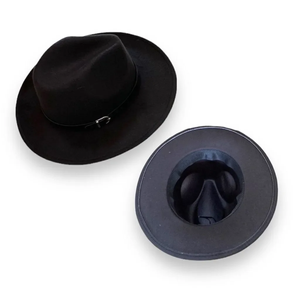 Black Wide Brim Tall Dented Crown Black Buckle Band Fedora Hat NEW